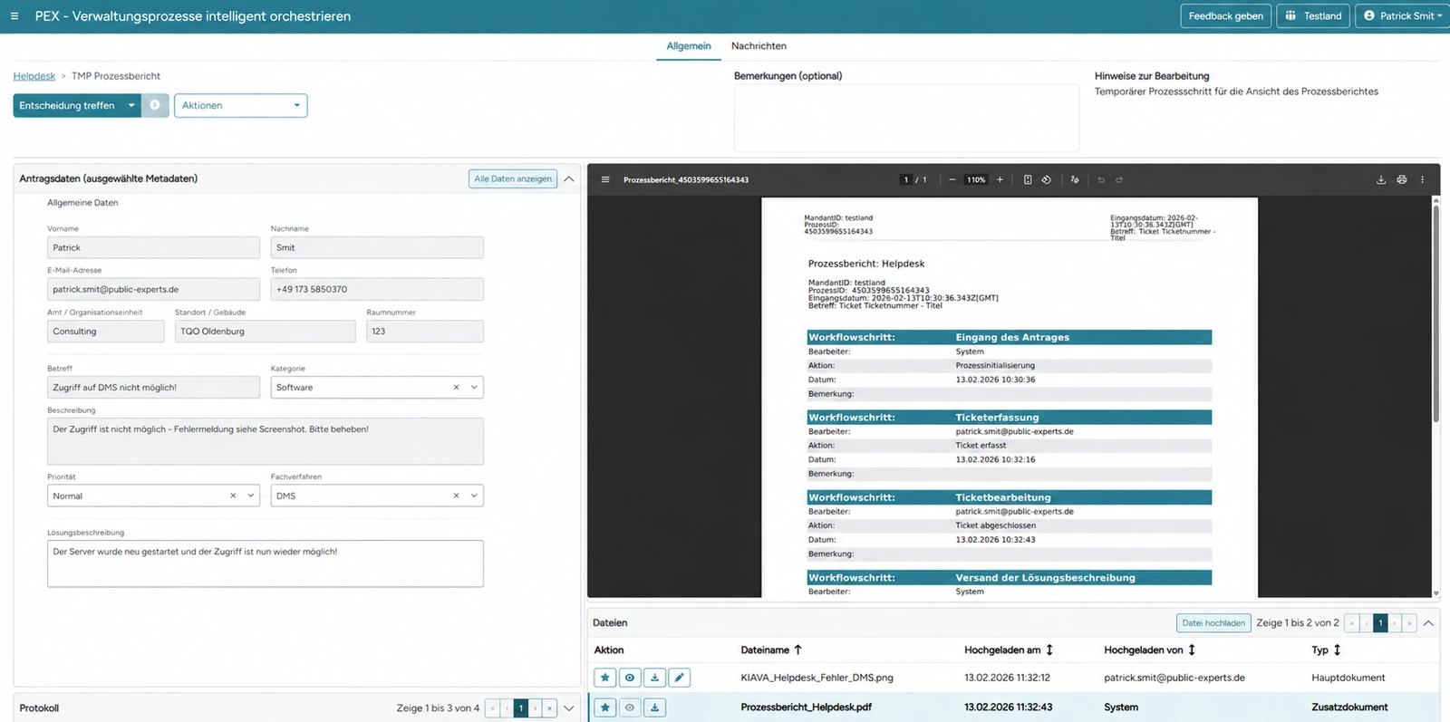PEX-Oberfläche zur Bearbeitung eines IT-Helpdesk-Vorgangs mit Vorgangsdaten, Prozessbericht und Dokumentenansicht